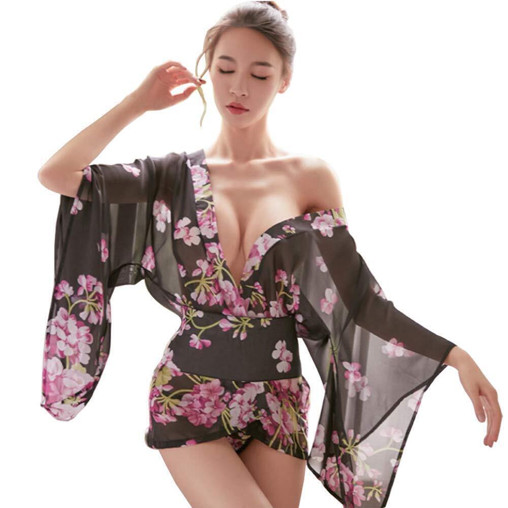 3767 Kimono Japanese Sexy Print Dress Cosplay Lingerie Kimono Set 2213Black